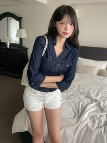 DAZY Women's Turn-Down Collar Washed Elegant Korean Style Casual Denim Top Fall - Blue - View 3