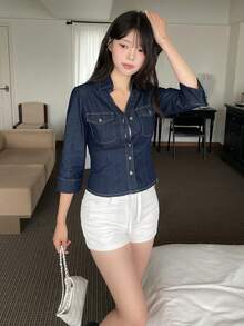 DAZY Women's Turn-Down Collar Washed Elegant Korean Style Casual Denim Top Fall - Blue - View 5