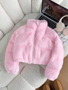 SHEIN 少女冬季新款粉色毛絨立領短版鋪棉外套 - 粉色 - 查看 3