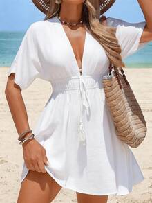 SHEIN Swim 女款夏季海灘純色蝙蝠袖V領收腰顯瘦綁帶成熟性感度假罩衫洋裝 - 白色 - 查看 3