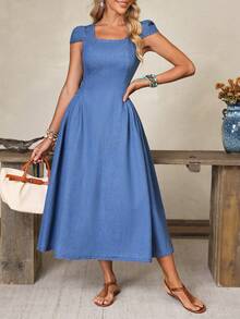 Elenzga Women's Summer Casual Square Neck Denim Dress - Blue - View 11