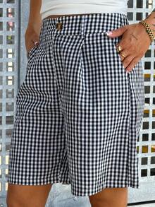 SAYEHFBABY 女款休閒黑白格紋短褲，春夏款 - 黑與白 - 查看 4