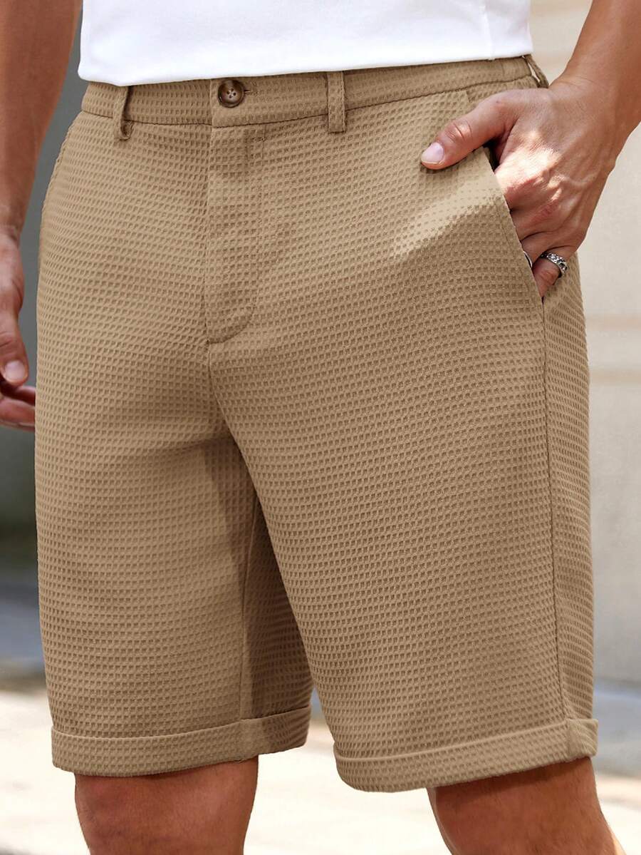 HIMLAND Men's Woven Solid Color Short Mid-Waist Slim Straight Leg Shorts, Knee Length, Suitable For Daily Outings, Spring And Summer Seasons