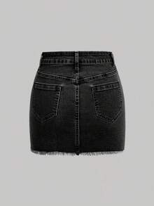 SHEIN MOD Women Pockets Frayed Hem Short Denim Skirt - Black - View 2