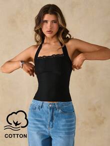 SHEIN BAE Camiseta de tirantes finos de algodón puro de unicolor negro con encaje de contraste, ajuste ceñido, para mujer, primavera/verano - Negro - Ver 1