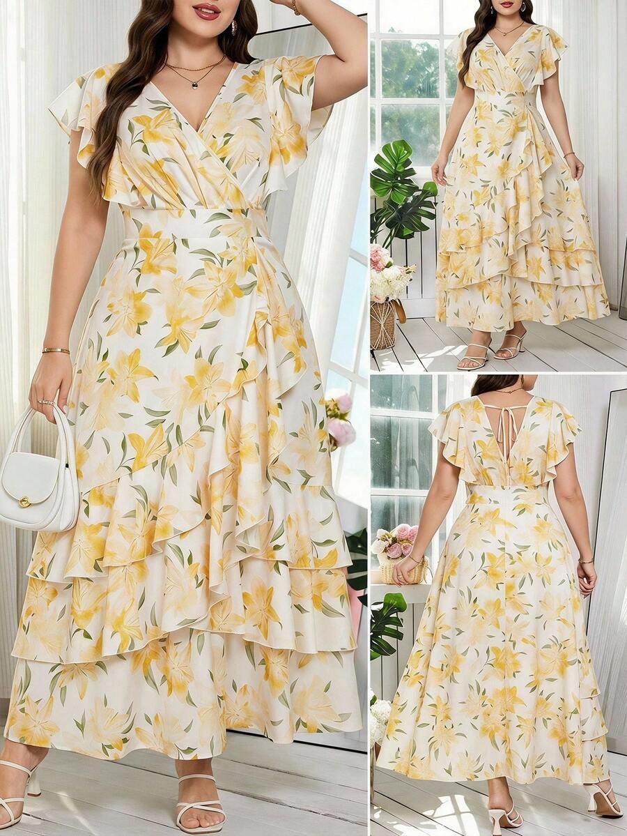 Reflora Plus Size Women's Vacation Floral Print Ruffle Short Sleeve Elegant Multi-Layered Ruffle Hem Dress All White Summer Party Wedding Guest - Yellow - View 1