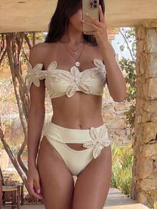 SHEIN Swim 春夏女款熱銷性感度假比基尼套裝，隨機裝飾海星與珍珠 - 杏色 - 查看 2