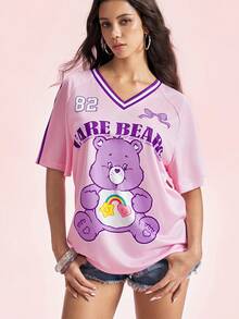 SHEIN X Care Bears Women's Letter Print V-Neck Raglan Short Sleeve T-Shirt, - Mauve Purple - View 3