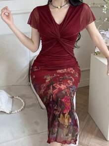 Feyla 女款花卉印花扭轉設計對比網紗修身優雅浪漫休閒長洋裝 正式約會派對酒紅色夏季婚禮 - 紅色 - 查看 5