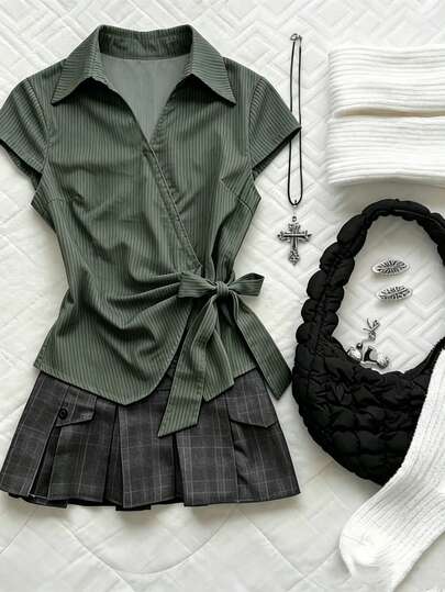 IslaSuriya Korean Style Waist-Cinching Tie-Front Women's Blouse Office Everyday Olive Green Summer Elegant