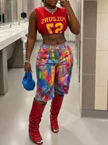 BamGleam 女款時尚休閒印花口袋牛仔短褲 - 彩色 - 查看 8