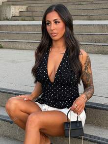 SAYEHFBABY Women Casual Minimalist Halter Deep V-Neck Polka Dot Top Wrap Back Top Summer Black - Black - View 1