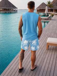 VIVINTIMO Men's Regular Fit Casual Vacation Coconut Tree Print Tank Top Set - Blue - View 4