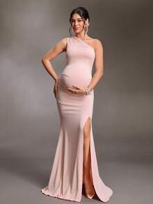 Cheriluna Maternity Elegante vestido de maternidad de un solo hombro para sesión de fotos, vestido largo de noche ajustado de tela brillante con abertura, para sesión de fotos de baby shower, fucsia rosa, verano - Rosa - Ver 3