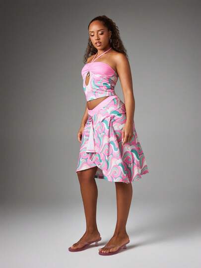 BABYPHAT Falda midi de jersey de cintura baja estilo Y2K con estampado de remolinos, detalle de envoltura y silueta en A, falda de festival de verano
