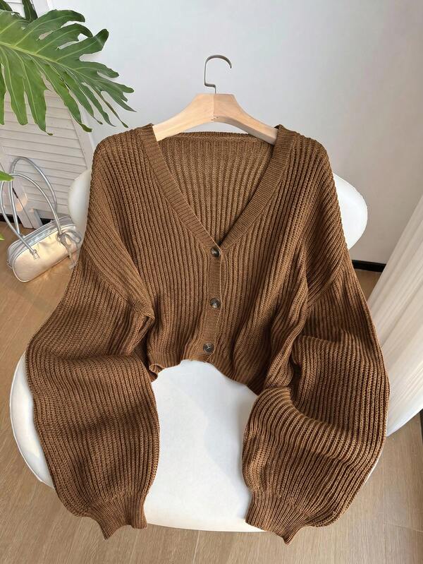Comfortcana Plus Size Women's Solid Color Single-Breasted Casual Smart Casual Versatile Daily Wear Cardigan Back-To-School Teacher Brown Winter