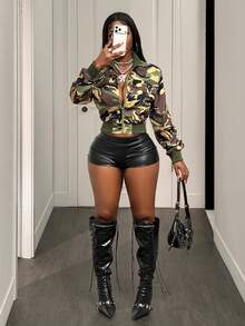 SHEIN BamGlam Women's Olive Green Cropped Jacket Going Out Everyday Traveling Going Out Night Out Nightout Hiking Autumn Street Wear Streetwear Casual - Army Green - View 8