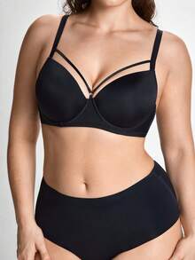 Slumbrini Sujetador sólido con diseño hueco y sujetador inalámbrico para mujer de talla grande, con efecto de elevación - Negro - Ver 6