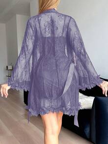 Slumberist 3D Floral Decor Lace Robe + Boning Waist Design Lace Cami Nightgown 2pcs Set - Lilac Purple - View 2
