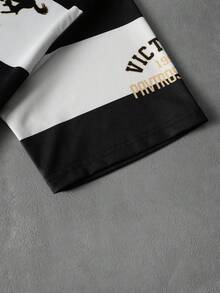 PAVTROS 男士美式學院風徽章刺繡T恤與短褲兩件套，經典條紋，2合1短褲，針織運動套裝，美式復古學院風，高街，奢華運動風，日常通勤，校園活動，聚會，輕社交，高爾夫及其他戶外運動，節日禮物 - 黑與白 - 查看 5