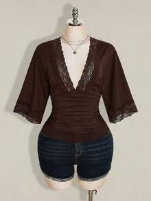 SHEIN ICON Women's Plus Size Retro Sexy Millennial Style Y2K Simple Casual Elegant Commuter Urban Modern Lace P - Brown - View 3