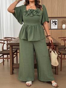 SHEIN CURVE+ Plus Size 3D Floral Decor Ruffle Hem Top And Loose Long Pants 2 Pieces Set - Army Green - View 8