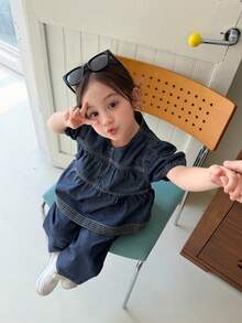 DAZY Set Denim Kasual Gaya Korea Leher Bulat untuk Bayi/Balita (Perempuan) - Medium Wash - View 4