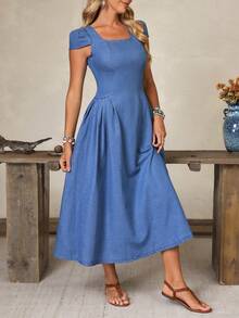 Elenzga Women's Summer Casual Square Neck Denim Dress - Blue - View 4