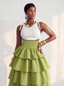 BamGlimmer Plus Size Women's High Waist Green Multi-Layer Ruffle Skirt, Suitable For Casual, Party, Daily Commute - Green - View 6