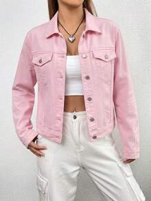 SHEIN EZwear 女款單排扣休閒百搭日常穿著長袖牛仔外套 - 粉色 - 查看 4