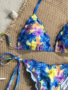 Swim Mod Conjunto de 2 piezas Bikini sexy con top triángulo halter con volantes y braguita de bikini con lazo lateral, estampado aleatorio, para vacaciones de playa en primavera/verano - Multicolor - Ver 4