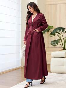 Yasmyna Elegant Minimalist Long Trench Coat, Spring/Autumn Over-The-Knee Tie Waist With Large Pockets, Versatile Commuter Outerwear - Burgundy - View 3