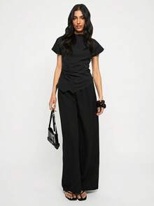 SHEIN BAE Spring/Summer Solid Black Short Sleeve Women's Elegant Pleated Fitted Satin Top, Elegant Women's Top Office - Black - View 3
