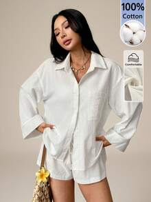 SHEIN PETITE 女款夏季新款休閒度假白色編織襯衫短褲套裝，舒適兩件套，適合嬌小女性 - 白色 - 查看 7