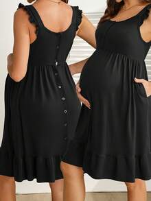 SHEIN 孕婦純色後背單排鈕扣哺乳洋裝 - 黑色 - 查看 5