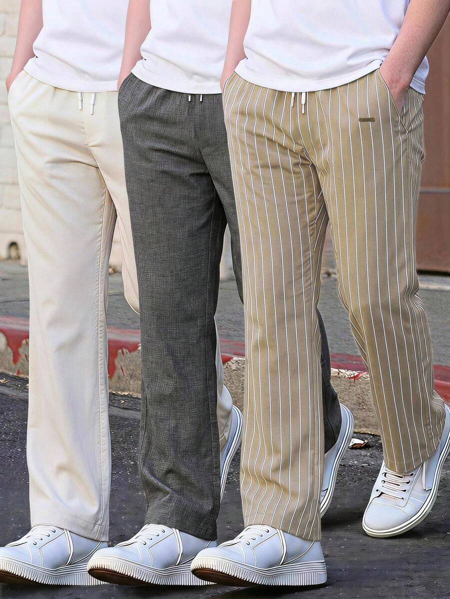 SHEIN 3件組兒童青少年男孩休閒運動百搭長褲,條紋與素色灰白色,彈性腰頭,舒適適合通勤、上學、日常穿著、度假、旅行、運動,適用秋冬 - 彩色 - 查看 1