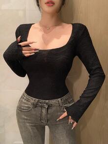 DAZY 夏秋休閒黑色蕾絲修身優雅女款上衣 T恤上衣 適合婚禮宴會晚宴襯衫 - 黑色 - 查看 8