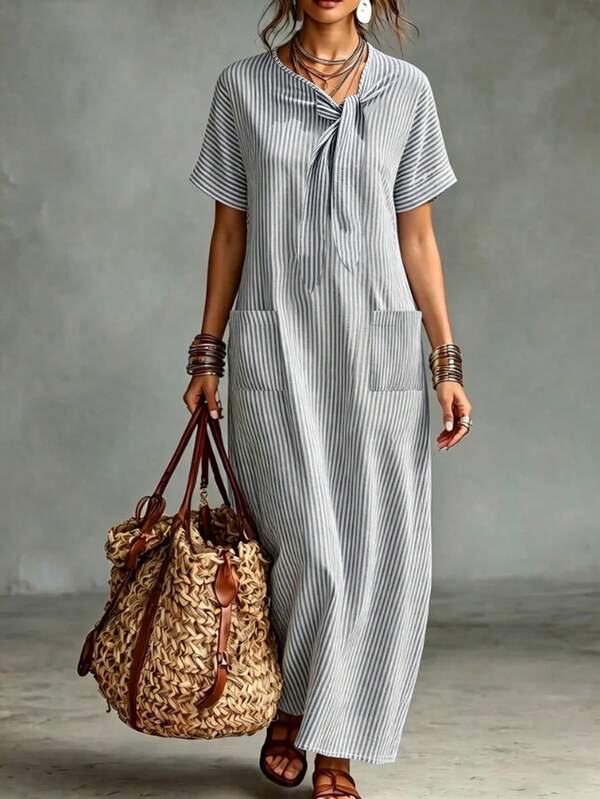 SHEIN Holidaya Women's Casual Striped Neckline Tie Bow Pocket Minimalist Design Short Sleeve Loose Fit Dress, Vacation, Holiday, Striped Dress, Blue Dress, Beach, Island, Summer, Comfortable Slouchy, Casual Dress, Elegant Dress