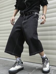 Manfinity Hypemode 男士大尺碼寬鬆休閒牛仔短褲，附口袋 - 黑色 - 查看 3