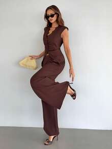 Siren Gaze Summer Women's Elegant Smart Casual Dark Brown Lace Trim Vest And Wide Leg Pant Two Pieces Outfit, Suitable For Office Brunch City Break, Work - Brown - View 4