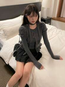DAZY Women's Korean Style Solid Color Camisole & Long Sleeve Top 2 Pieces Set School Lounge Sets For Women - Grey - View 1