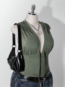 SHEIN ICON 大尺碼 Y2K 軍綠色連帽無袖收腰口袋背心，深 V 領連帽上衣 - 軍綠色 - 查看 6