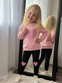 Emery Rose Kids Emery Rose Kids 2件組女童少女心形印花落肩秋季運動衫與鬆緊腰打底褲套裝，甜美女孩軟萌開學穿搭套裝 - 淺粉色 - 查看 4