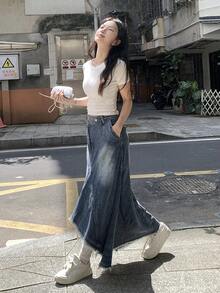 DAZY Falda casual de mujer de estilo coreano asimétrica de denim lavado para la escuela - Azul - Ver 4
