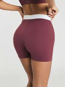 11SKNDS High-Waist Biker Shorts With Contrast Elastic Waistband, Compression Fit Mini Bike Shorts, Squat-Proof Stretchy Active Short For Yoga Gym Training - Red Violet - View 2