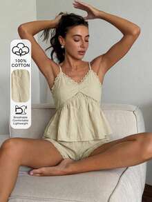 DAZY 女款純色細肩帶背心與短褲睡衣套裝 - 橄欖綠 - 查看 3