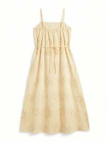 lacRébo Pale Yellow Embroidered Loose Fit Square Neck Midi Dress With Strap At The Waist Summer Holiday Cute French Elegant Cotton Blended Brunch Vacation - Light Yellow - View 8