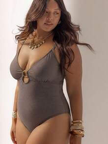 Aralina Curve 女款紋理布料細節連身泳衣，適合海灘穿搭與夏季造型 - 棕色 - 查看 3