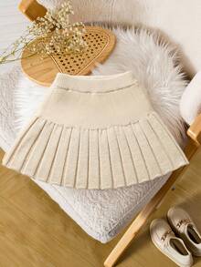SHEIN Young Girl Solid Color Waist Bow Decor Pleated Knit Skirt - Beige - View 3