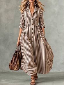 Linhara CURVE Gaun Panjang Musim Panas Elegan Bergaris Tenun untuk Wanita Ukuran Plus - Coffee Brown - View 1